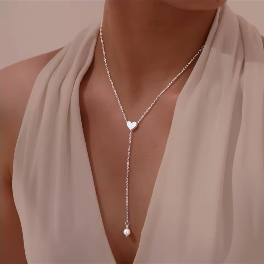 Clearance! NEW SILVER HEART PEARL BEAD ACCENT LARIAT NECKLACE